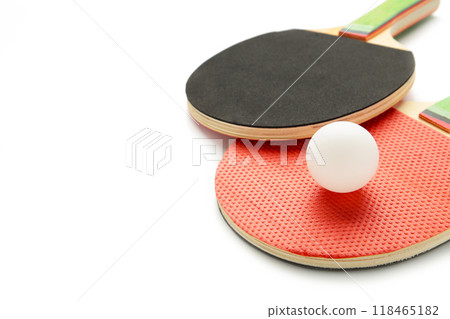 Ping pong rackets and ball isolated on white background. 118465182