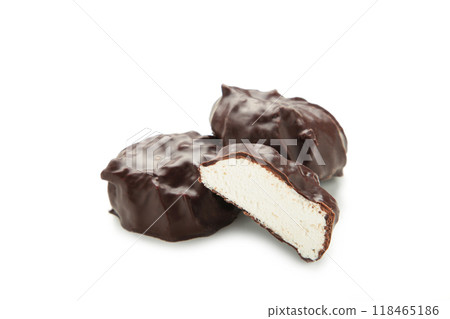 Chocolate covered marshmallows isolated on white background 118465186