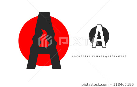 Letter A silhouette on red sun, twisting alphabet. Japanese logo for sushi roll restaurant logo, asian cultural event logotype. Vector logo and typeset 118465196