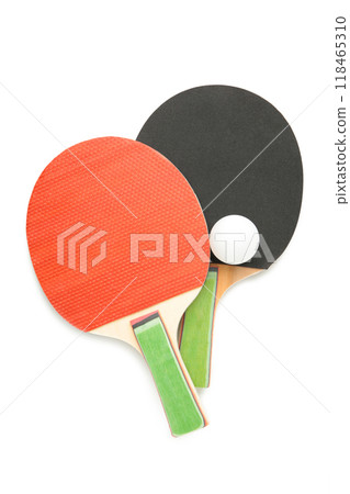 Ping pong rackets and ball isolated on white background. 118465310