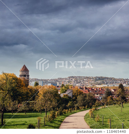 Germany, Stuttgart panorama view. Beautiful houses in autumn, Sky and nature landscape. Vineyards in Stuttgart - colorful wine growing region in the south of Germany with view over Neckar Valley Germany, Stuttgart panorama view. Beautiful houses in autumn, Sky and nature landscape. Vineyards in Stuttgart - colorful wine growing region in the south of Germany with view over Neckar Valley 118465440