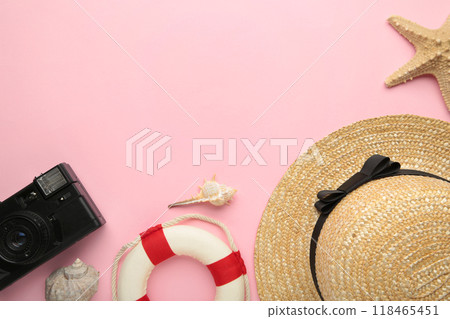 Traveler accessories on pink background. Travel vacation concept. Summer background. Flat lay, top view. 118465451