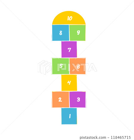 Hopscotch chalk doodle drawing, street Jumping game kids activity. Hop scotch with numbers. Summer outdoor fun.  118465715