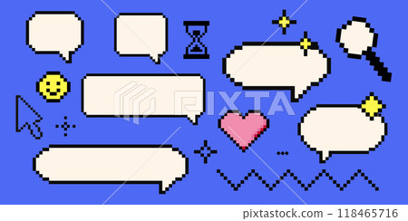Set of pixel art cloud bubble quote box speech bubble dialog retro 8 bit arcade game interface, manga. Comic chat rectange pixel elements, arrow, star, heart. 118465716