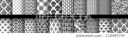Geometric floral set of seamless patterns. White and black vector backgrounds. Damask graphic ornaments. Geometric floral set of seamless patterns. White and black vector backgrounds. Damask graphic ornaments. 118465743