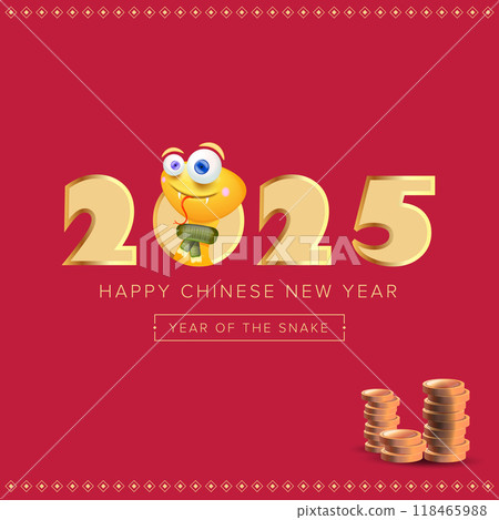 Cartoon Happy Chinese New Year 2025 illustration vector design with cute and friendly golden snake and golden coins. Cartoon snake with scarf symbol of 2025 lunar year. New year illustration Cartoon Happy Chinese New Year 2025 illustration vector design with cute and friendly golden snake and golden coins. Cartoon snake with scarf symbol of 2025 lunar year. New year illustration 118465988