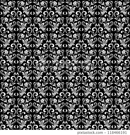 Wallpaper in the style of Baroque. Seamless vector background. White and black floral ornament. Graphic pattern for fabric, wallpaper, packaging. Ornate Damask flower ornament. 118466191