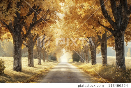a quiet country road lined with trees full of golden autumn leaves, soft sunlight filtering through the branches 118466234