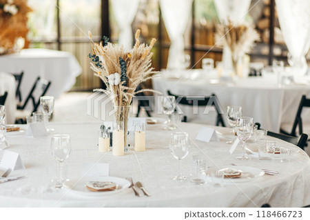 Detail of a wedding dinner setting, summer event 118466723