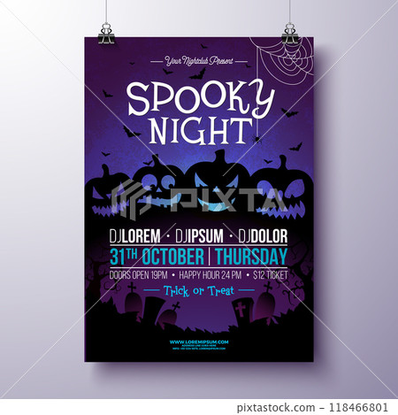 Halloween Party Flyer Illustration with Scary Faced Pumpkins on Purple Background. Vector Holiday Design Template with Cemetery and Flying Bats for Party Invitation, Greeting Card, Banner or 118466801