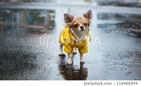 Walking a dog on a rainy day. A chihuahua in a raincoat. 118466844