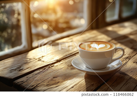 Coffee and white glass On a beautiful old wooden table with side light by generative ai 118466862