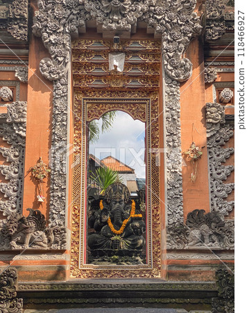 Ganesha with balinese Barong masks sitting on front of temple Ganesha with balinese Barong masks sitting on front of temple 118466927
