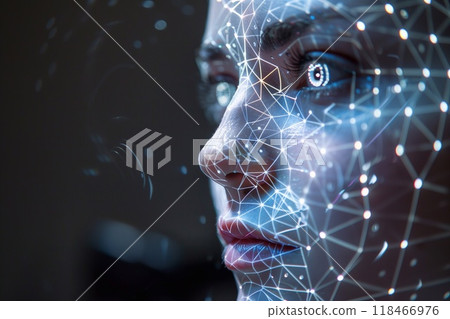 A close up view of a persons face reflecting complex digital patterns that show advanced scanning technology in use A close up view of a persons face reflecting complex digital patterns that show advanced scanning technology in use 118466976