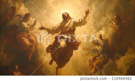 A celestial portrayal of Jesus ascending surrounded by angels, symbolizing the religious significance of the Ascension holiday A celestial portrayal of Jesus ascending surrounded by angels, symbolizing the religious significance of the Ascension holiday 118466982