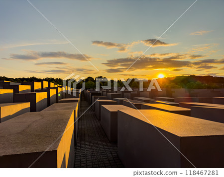 Famous Jewish Holocaust Memorial near Brandenburg Gate in golden evening light 118467281