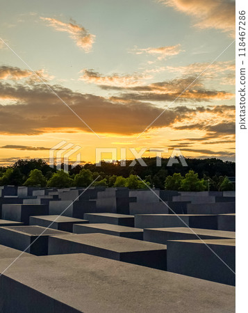 Famous Jewish Holocaust Memorial near Brandenburg Gate in golden evening light 118467286