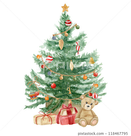 Watercolor illustration with decorative Christmas tree, teddy bear and gift boxes on white background, hand-drawn 118467795