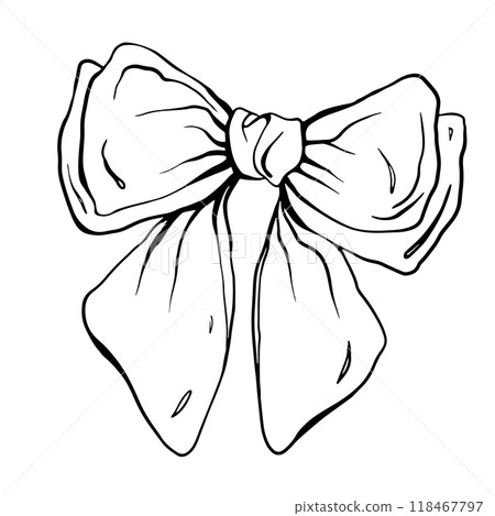 Vector bow Birthday party. Isolated engraved style object. Linear drawing in black and white colors for icon holiday. Hand drawing sketch of design on white isolated background 118467797