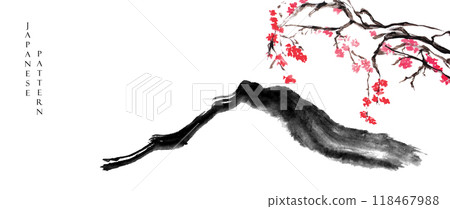 Fuji mountain with flower vector in Japanese style. Landscape background with wave pattern illustration. Chinese painting texture Fuji mountain with flower vector in Japanese style. Landscape background with wave pattern illustration. Chinese painting texture 118467988
