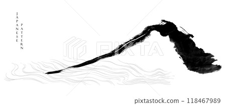Oriental landscape with traditional Japanese ink wash painting. Hieroglyphs - eternity, freedom, clarity. Vector illustration. Contains hieroglyph - happiness, luck. zen, freedom, natural background 118467989
