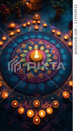 Vertical aerial view of a symmetrical Indian rangoli pattern with lit diyas for Diwali celebration. Vertical 118468012