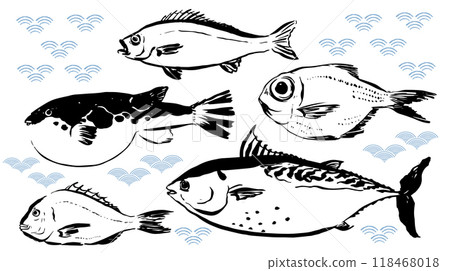 Set of cartoon sea food products. Ocean meal. Marine fish. Bluefin tuna, Puffer, red seabeam round, grunt, the golden snapper fish illustration in. Cooking delicatessen ingredients. Seafood of Japan 118468018