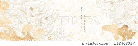 Peony flower with hand drawn illustration in vintage style. Gold floral pattern in vintage style. Oriental flora banner design 118468037