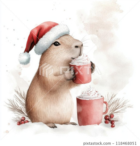 A cute capybara wearing a Santa hat, enjoying a festive cup of hot chocolate, surrounded by a snowy winter scene. 118468051