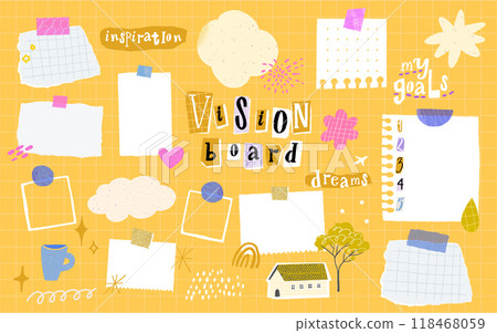 Vision board collage, torn paper memo, taped notes on the yellow wall. Scrapbook journal affirmation and inspiratiom page 118468059