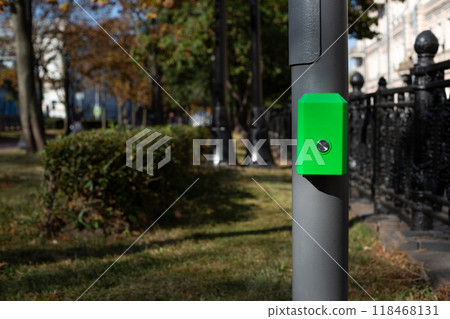 Control panel with button for pedestrians on pole, activate green traffic light signal for crossing the road along street in modern city against the backdrop of park 118468131