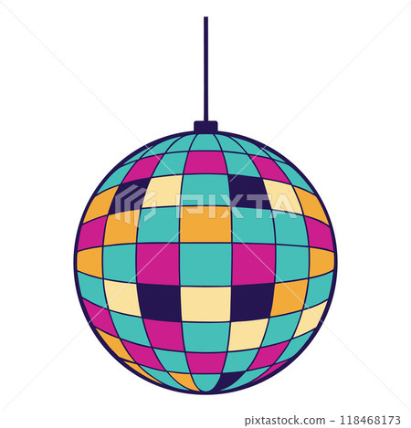Retro 70s and 80s Inspired Design Featuring Colorful Disco Ball for Nightclub Backdrop, Discotheque Party, Dance Club Sticker. Vintage Graphic Icon for Electronic Music Themes. Vector illustration 118468173