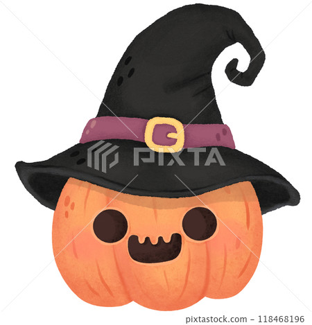 Orange Halloween pumpkin wearing witch hat 118468196