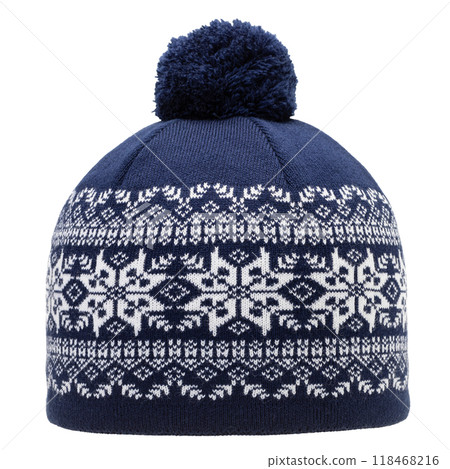 Knitted winter hat with nordic geometric ornament and pompon isolated Knitted winter hat with nordic geometric ornament and pompon isolated 118468216