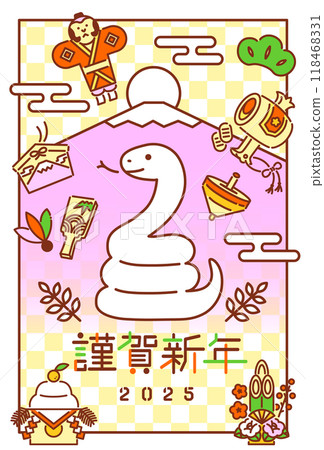 蛇年/帶有新年圖標和富士山的新年賀卡/簡單流行向量插畫 蛇年/帶有新年圖標和富士山的新年賀卡/簡單流行向量插畫 118468331