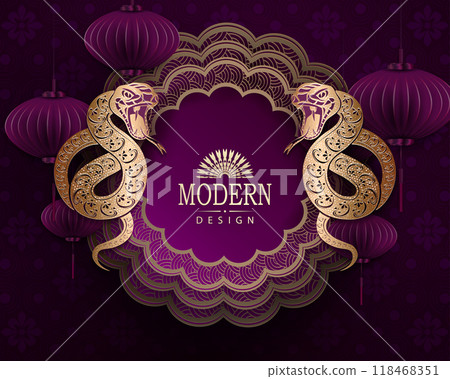 Happy Chinese New Year, burgundy card with snakes and round textured frame 118468351