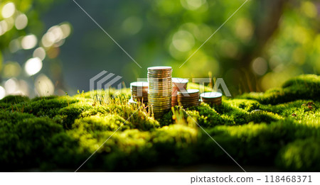 Money and environmental protection, silver coins stacked on green moss in natural light Money and environmental protection, silver coins stacked on green moss in natural light 118468371