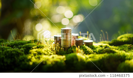 Money and environmental protection, silver coins stacked on green moss in natural light 118468375