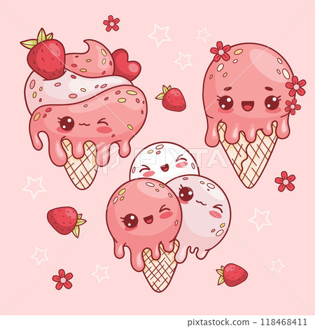 Cute ice cream set. Popsicles with strawberries and flowers cone with dripping drops. Isolated funny sweet kawaii cartoon character. Vector illustration. 118468411