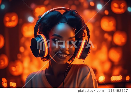 Young African American girl DJing at a vibrant Halloween club party 118468527