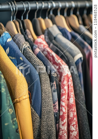Colorful vintage shirts hang neatly in a thrift shop, promoting sustainability 118468528