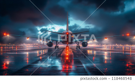 Airplane prepared for takeoff on reflective runway at dusk with dramatic clouds. Generative AI Airplane prepared for takeoff on reflective runway at dusk with dramatic clouds. Generative AI 118468548