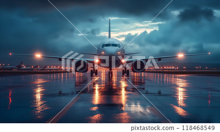 Airplane prepared for takeoff on reflective runway at dusk with dramatic clouds. Generative AI Airplane prepared for takeoff on reflective runway at dusk with dramatic clouds. Generative AI 118468549