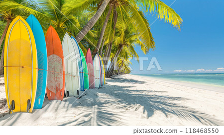 Colorful surfboards lined up on sunny beach with palm trees and clear skies. Generative AI Colorful surfboards lined up on sunny beach with palm trees and clear skies. Generative AI 118468550
