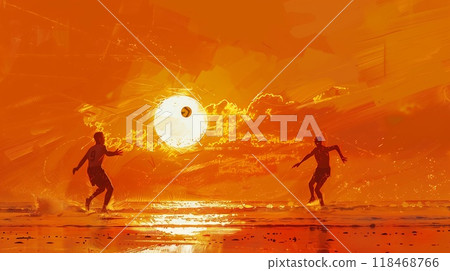 Two players engage in an energetic beach volleyball match as the sun sets, creating a warm glow over the scene Two players engage in an energetic beach volleyball match as the sun sets, creating a warm glow over the scene 118468766