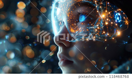 A child is focused intently on advanced technology designed to improve mathematical skills, surrounded by dynamic visual elements A child is focused intently on advanced technology designed to improve mathematical skills, surrounded by dynamic visual elements 118468768
