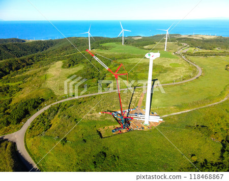 Aerial view of wind turbine construction work in Kaminokuni, Hokkaido in autumn Aerial view of wind turbine construction work in Kaminokuni, Hokkaido in autumn 118468867