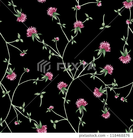 Seamless pattern with watercolor hand drawn botanical illustration with meadow wild plant red clover (trifolium). Repeat wallpaper with purple flowers and leaves isolated on white background. Seamless pattern with watercolor hand drawn botanical illustration with meadow wild plant red clover (trifolium). Repeat wallpaper with purple flowers and leaves isolated on white background. 118468876