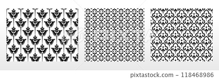 Geometric floral set of seamless patterns. White and black vector backgrounds. Damask graphic ornaments. 118468986