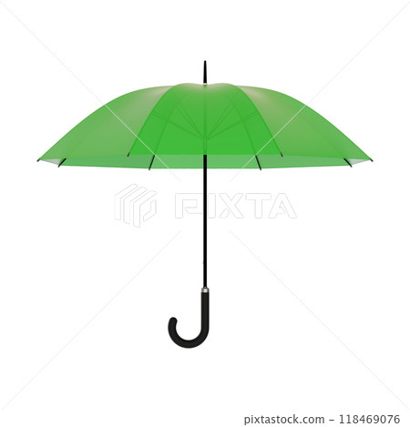Open green umbrella with black handle, isolated on white background 118469076